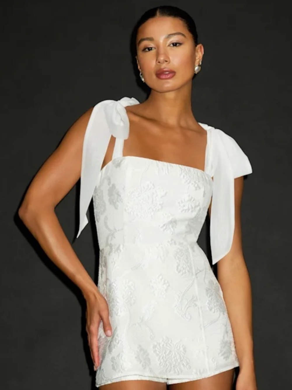 Lulu's White Floral Jacquard Tie-Shoulder Mini Dress